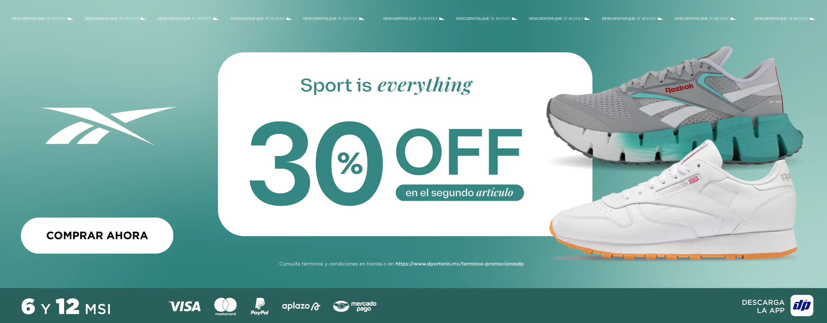 30% de descuento en segundo articulo reebok