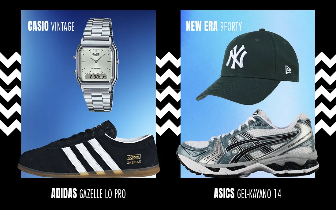 Sneakers con toques vintage de asics y adidas con reloj Casio y gorra New Era 9FORTY.