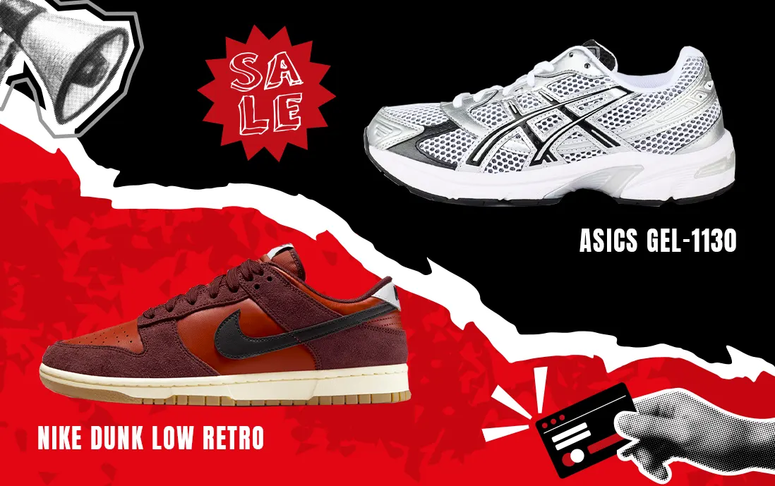 Tenis Asics Gel-1130 en color blanco con detalles metalizados y tenis Nike Dunk Low Retro en tonos rojos con swoosh en color negro.