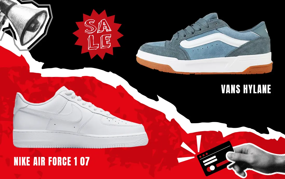 Tenis Nike Air Force 1 en color blanco y tenis Vans Hylane con estética chunky en color azul. 