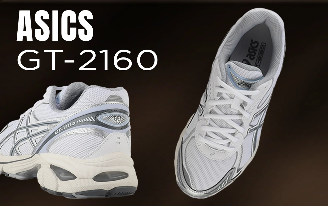 Tenis Asics GT-2160 en color blanco con detalles en gris metálico. Diseño inspirado en los años 2000.