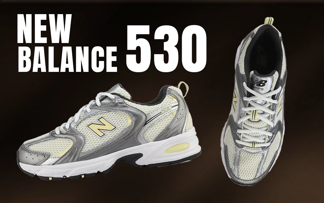 Sneakers New Balance 530 en color gris metálico y detalles amarillos fosfosrecentes. 
