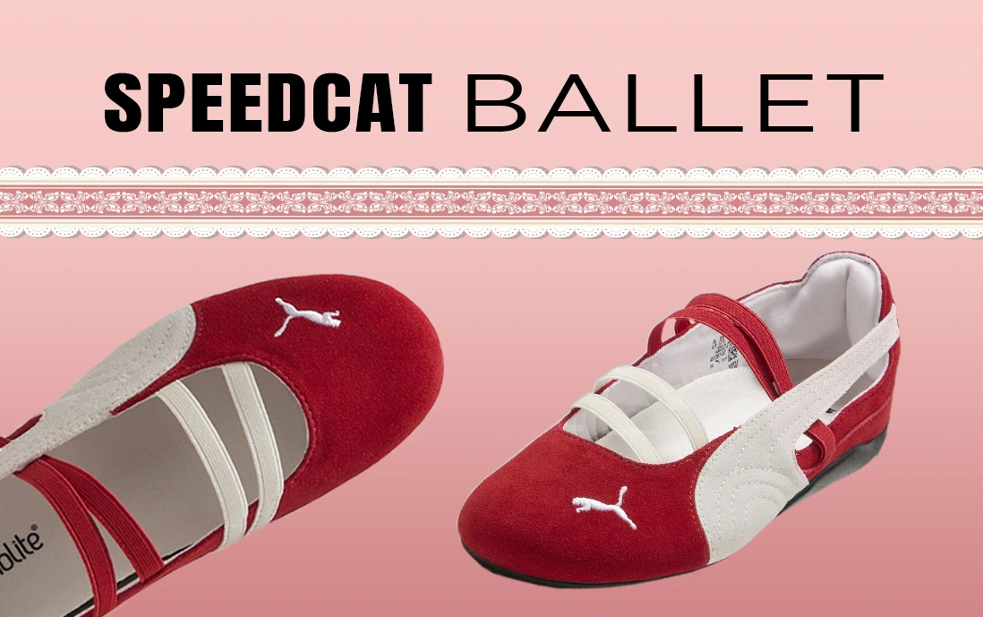 Tenis Speedcat Ballet en color rojo con blanco, con estética femenina y tiras elásticas.