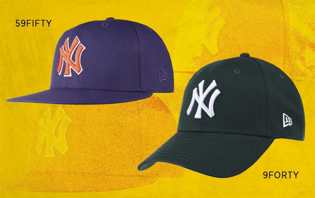 Gorras 59FIFTY y 9FORTY de New Era con logos bordados de equipos de la MLB.