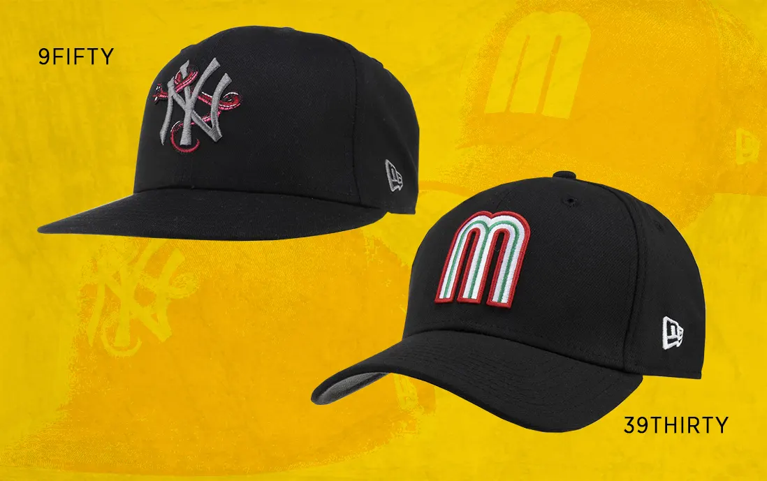 Gorra New Era 9FIFTY con visera plana y corona alta en color negro y 39THIRTY con agarre elástico y visera curva en color negro.
