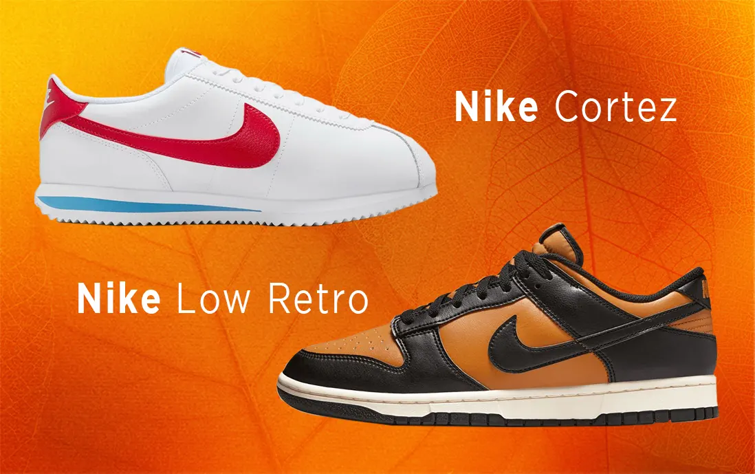 Tenis Nike Cortez clásico en color blanco con detalles en azul y rojo, y Nike Dunk Low Retro en naranja y negro. 